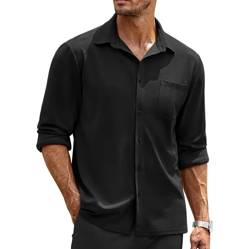 🆕Men's Black Long Sleeve Button Down Shirt Wrinkle Free Untucked Casual Shirts